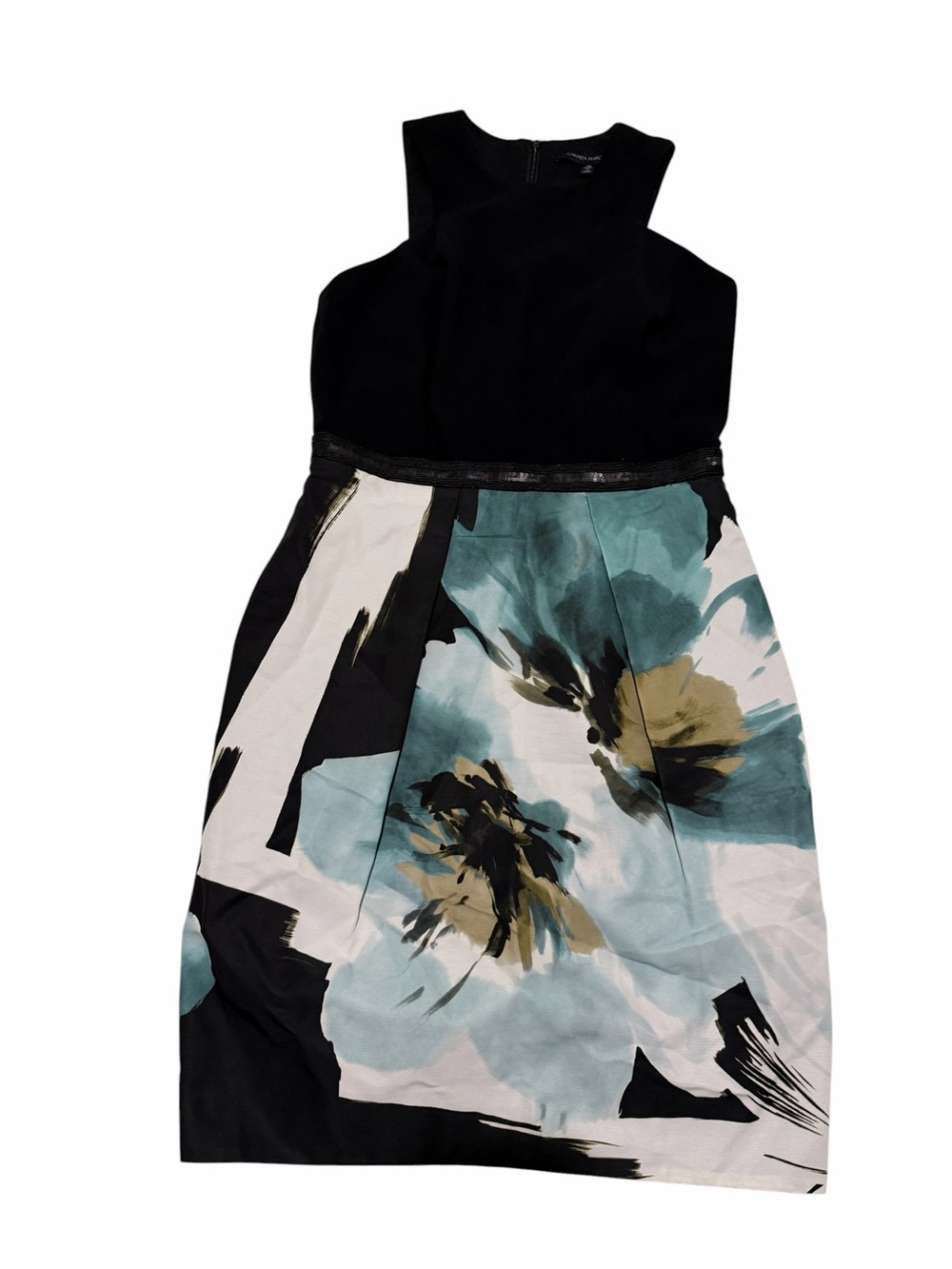 Carmen Marc Valvo Black Bodice Floral Skirt Dress - Teal & Gold Accents, NWT